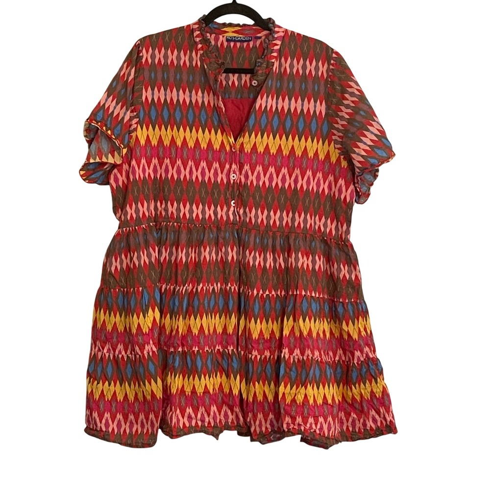 Ro's Garden Women XL Cotton Harlequin Diamond Print Tiered Tunic Dress Red Multi